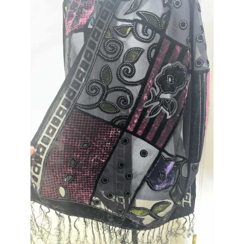 Vtg Silk Devore Burnout Velvet Fringed Shawl Scarf Art Nouveau Floral Boho